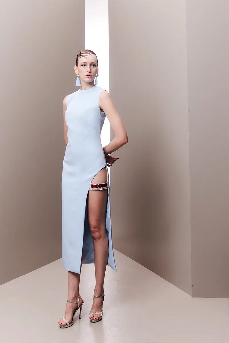 BABY BLUE CRYSTAL-ADORNED MIDI DRESS