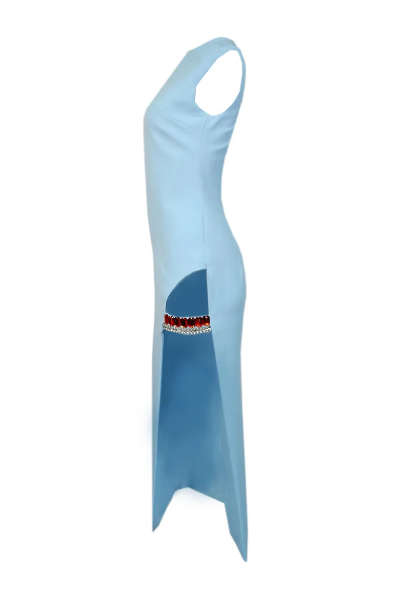 BABY BLUE CRYSTAL-ADORNED MIDI DRESS