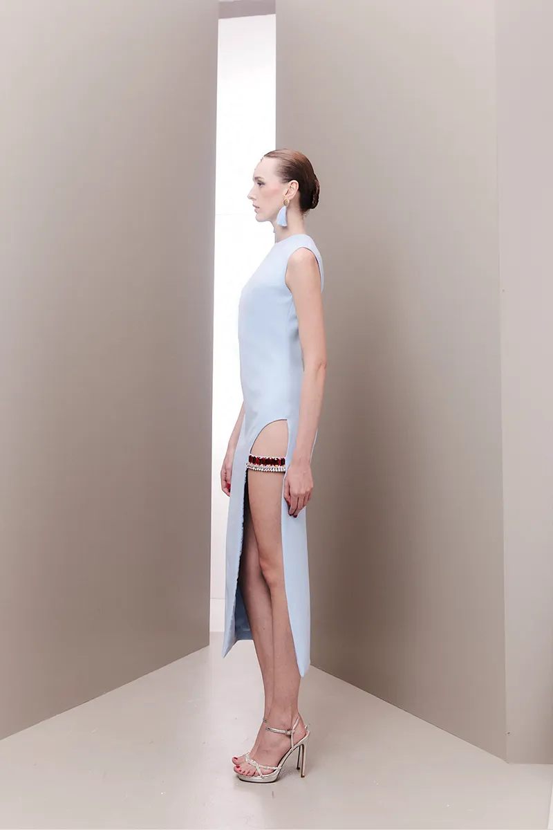 BABY BLUE CRYSTAL-ADORNED MIDI DRESS