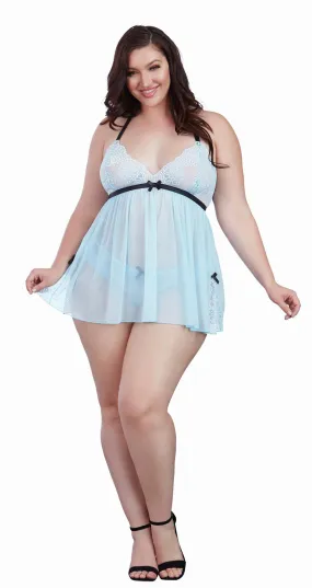 Babydoll With Garters and Thong - 2x - Light Blue