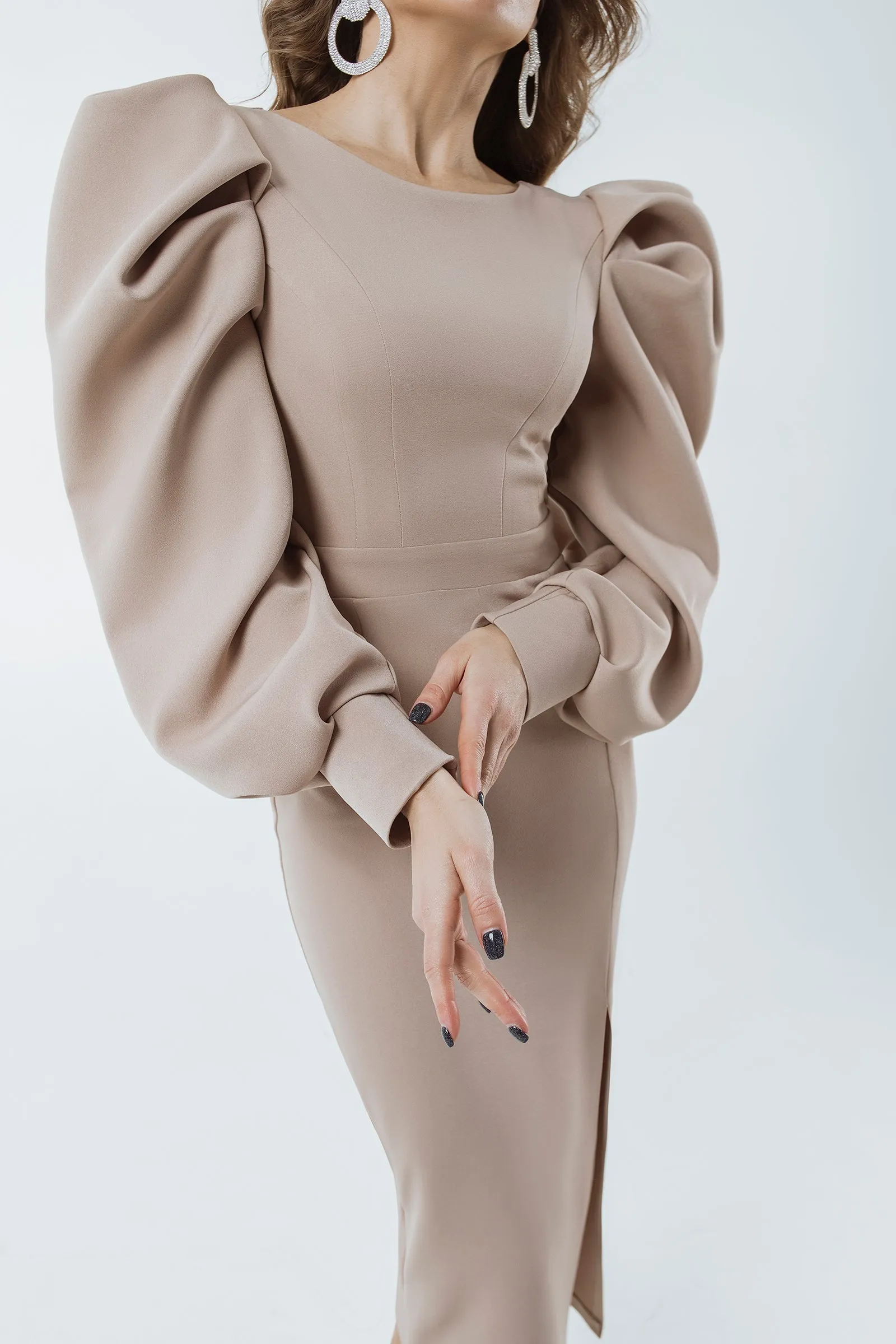 Beige Backless Puff Sleeve Midi Dress