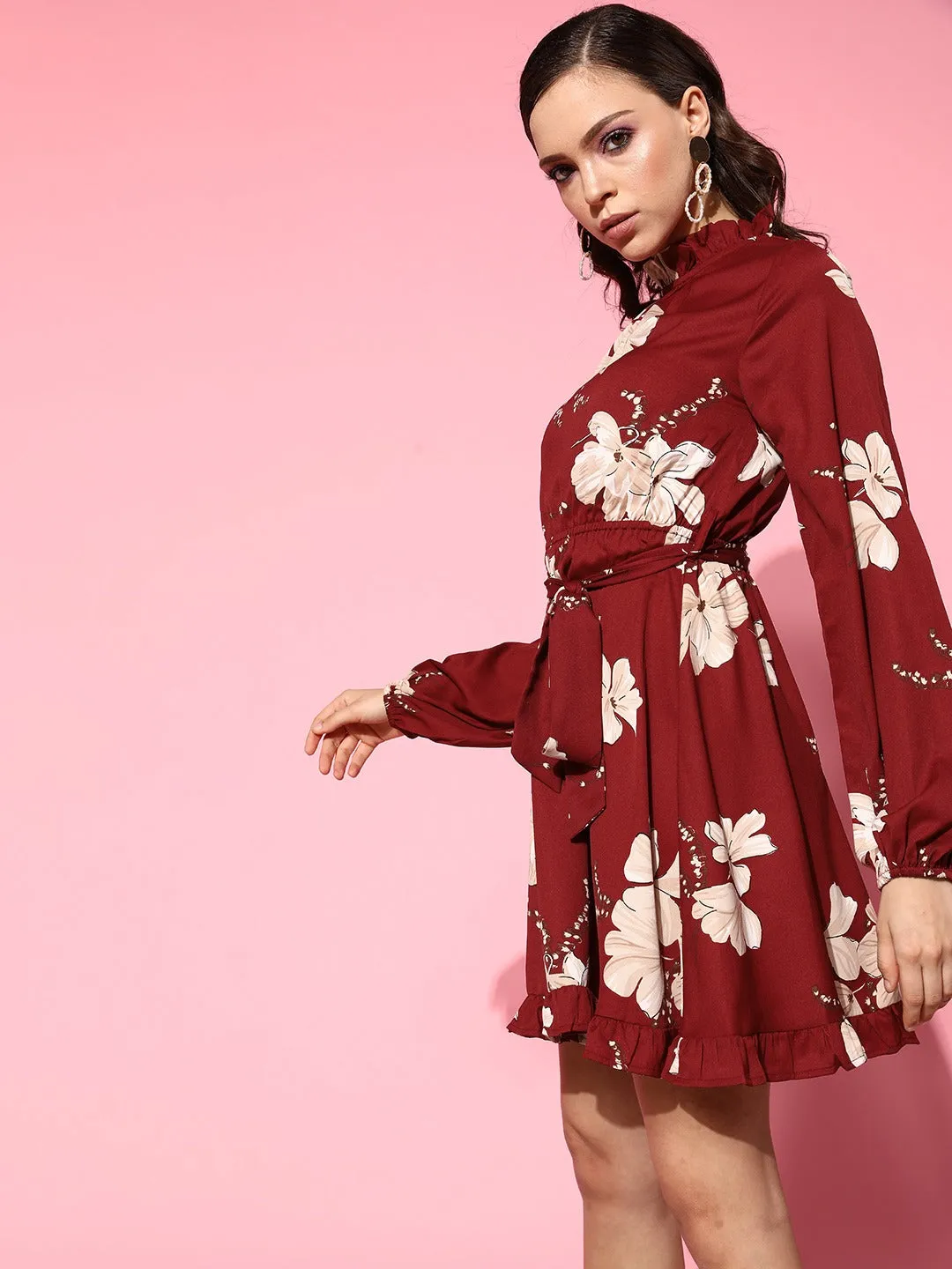 Berrylush Women Maroon & Beige Floral Printed Halter Neck Cutout Tie-Up Crepe Ruffled A-Line Mini Dress