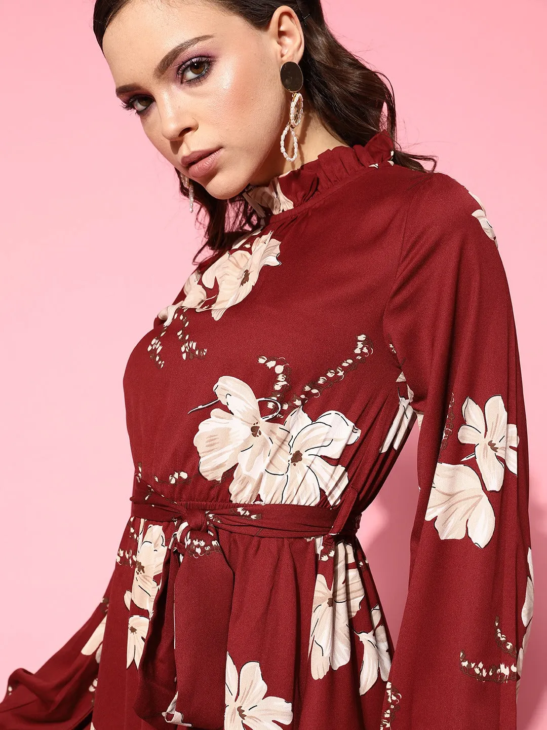 Berrylush Women Maroon & Beige Floral Printed Halter Neck Cutout Tie-Up Crepe Ruffled A-Line Mini Dress
