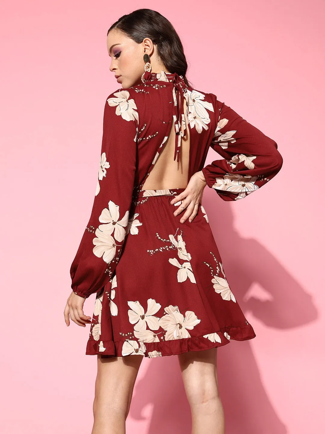 Berrylush Women Maroon & Beige Floral Printed Halter Neck Cutout Tie-Up Crepe Ruffled A-Line Mini Dress