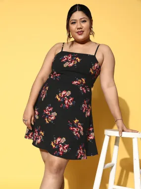 Berrylush Women Plus Size Black & Red Floral Printed Square Neck Sleeveless Crepe Flared A-Line Mini Dress