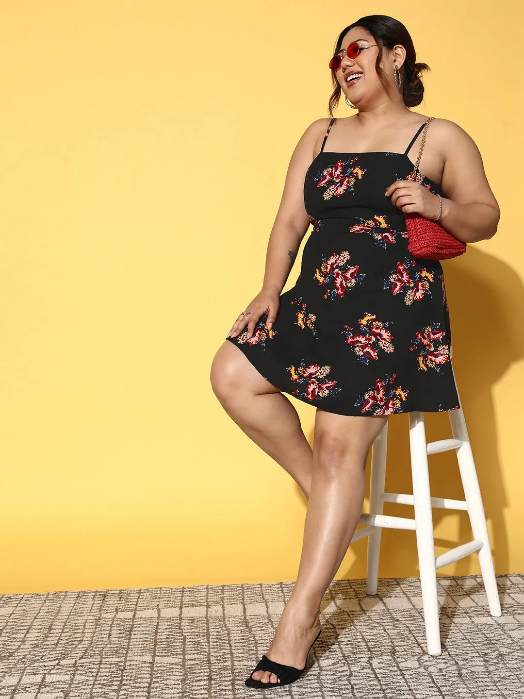 Berrylush Women Plus Size Black & Red Floral Printed Square Neck Sleeveless Crepe Flared A-Line Mini Dress