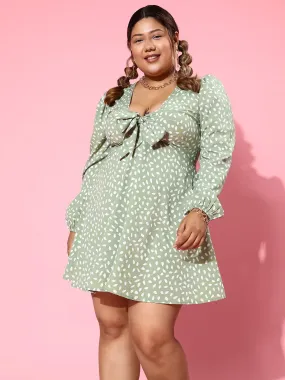 Berrylush Women Plus Size Green & White Abstract Printed V-Neck Puff Sleeves Front Tie-Up Flared A-Line Mini Dress