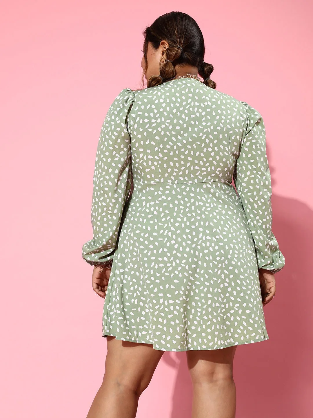 Berrylush Women Plus Size Green & White Abstract Printed V-Neck Puff Sleeves Front Tie-Up Flared A-Line Mini Dress