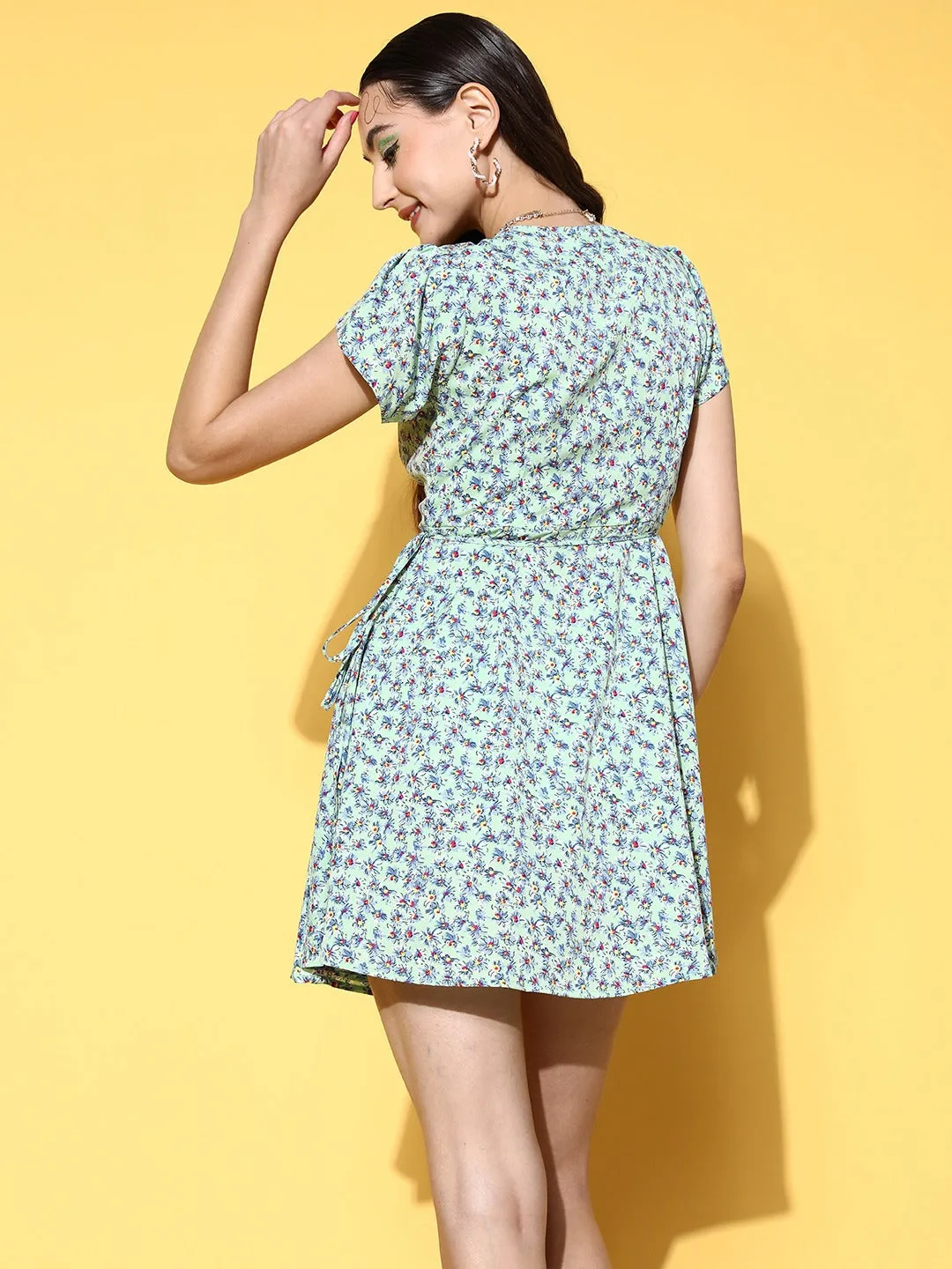 Berrylush Women Sea Green & Blue Floral Printed V-Neck Tie-Up Waist Crepe Flared A-Line Mini Dress