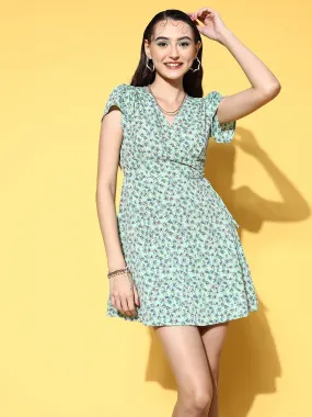 Berrylush Women Sea Green & Blue Floral Printed V-Neck Tie-Up Waist Crepe Flared A-Line Mini Dress