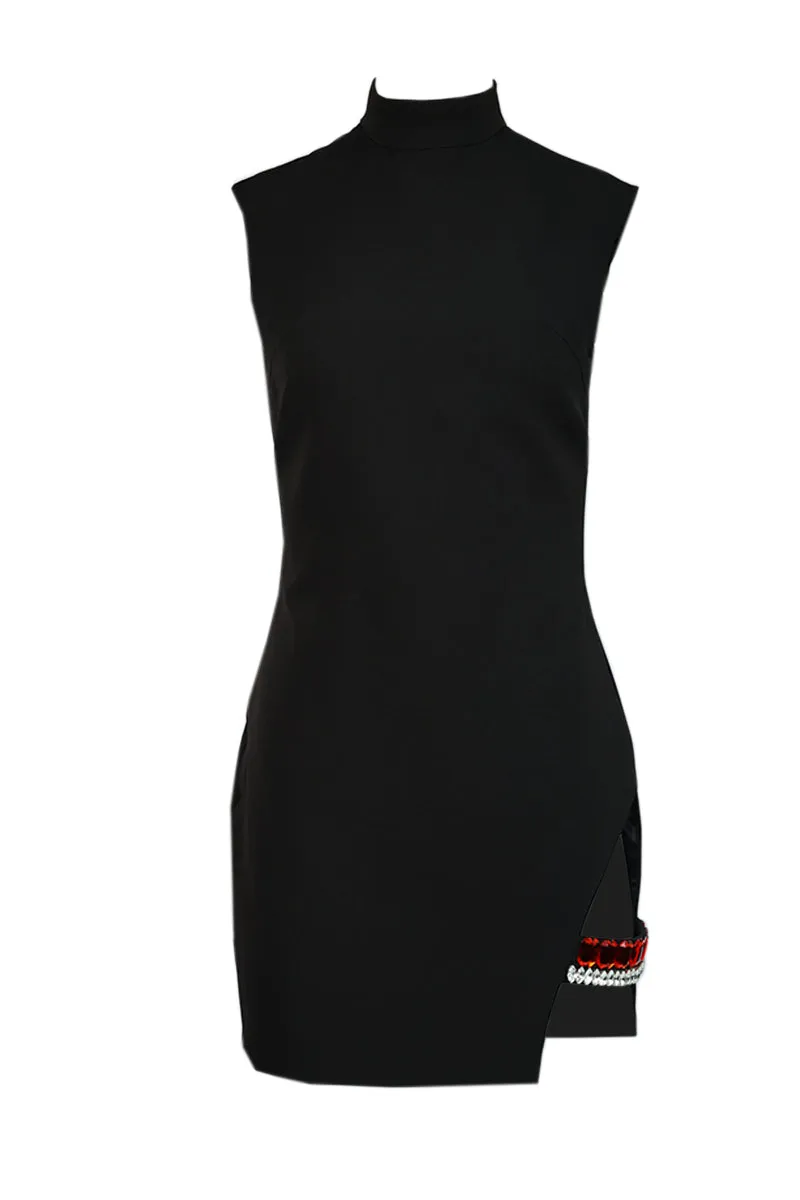 BLACK CRYSTAL ACCENTS CUT-OUT MINI DRESS