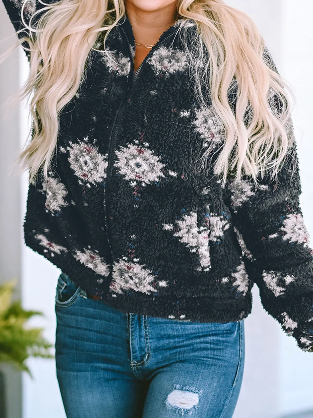 Black Sherpa Jacket with Aztec Design