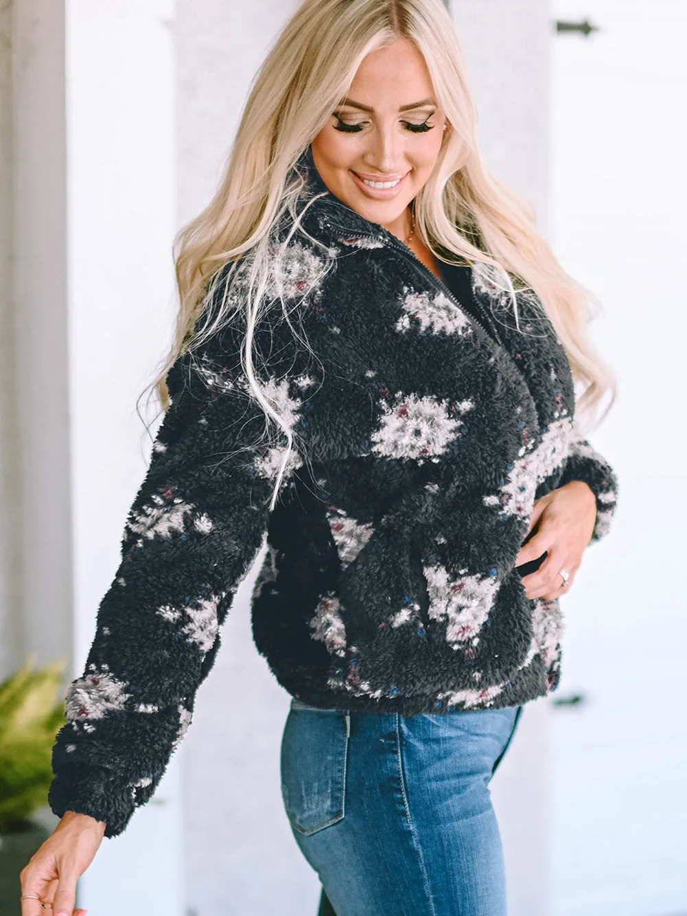 Black Sherpa Jacket with Aztec Design