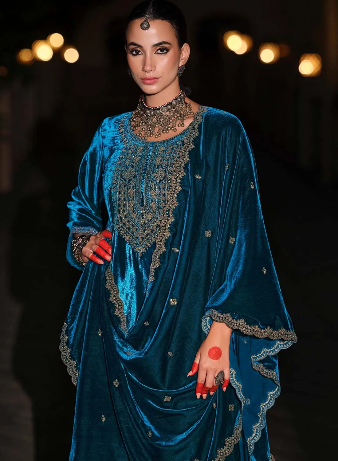Blue Party Wear Unstitched Winter Velvet Salwar Suit Material with Embroidery