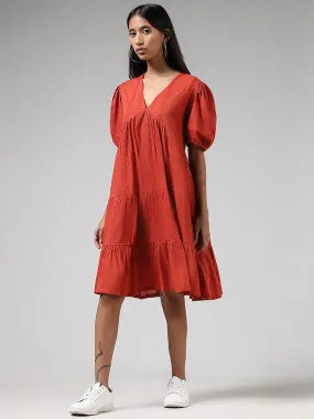 Bombay Paisley Rust Threadwork Embroidered Tiered Dress