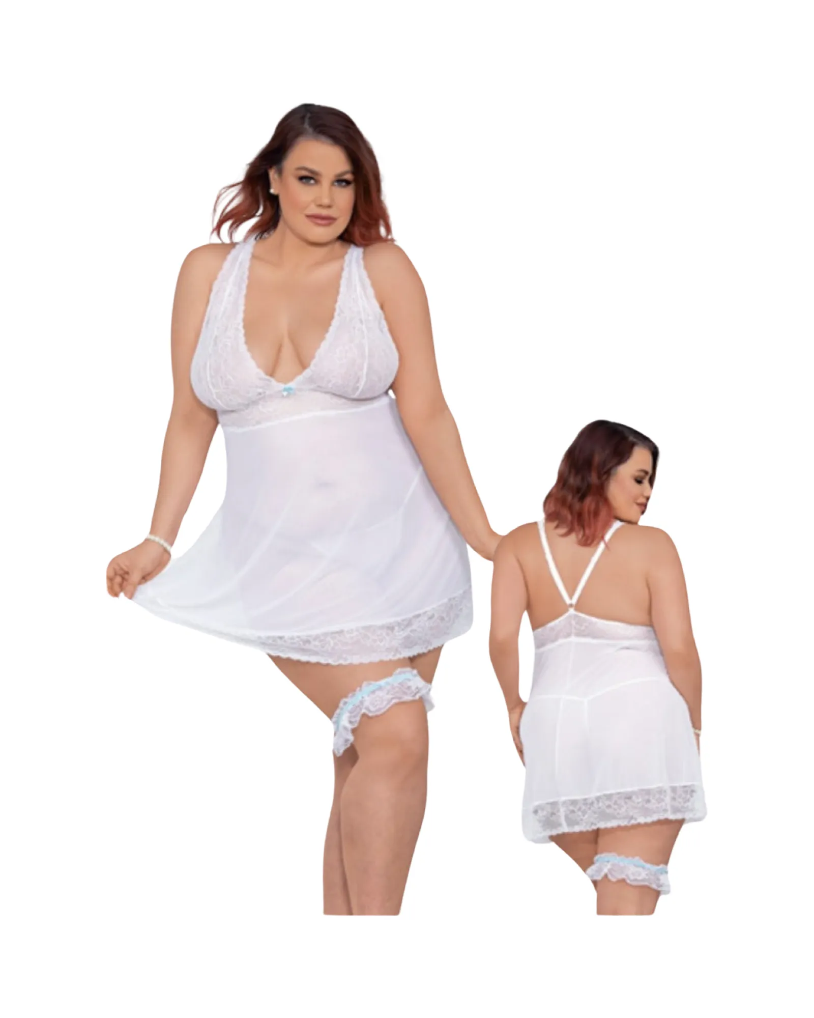 Bridal Babydoll w/Garter White Blue