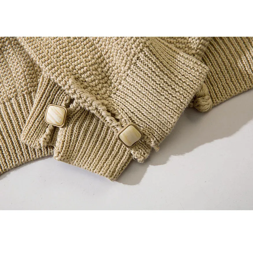 Button Decor Pom-Pom Cropped Cardigan Sweater