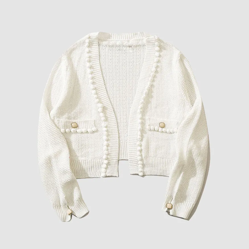 Button Decor Pom-Pom Cropped Cardigan Sweater
