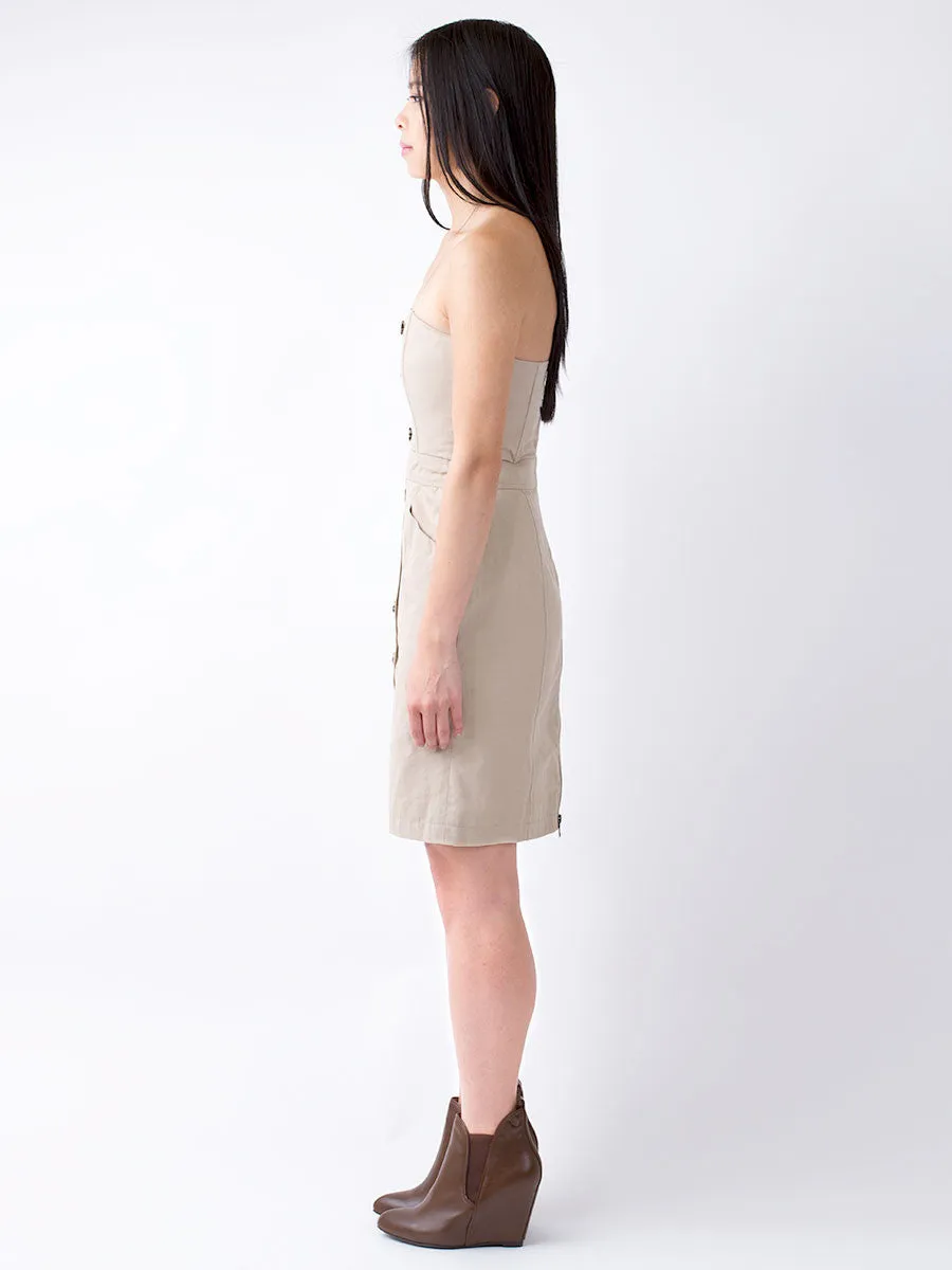 Button Placket Strapless Dress