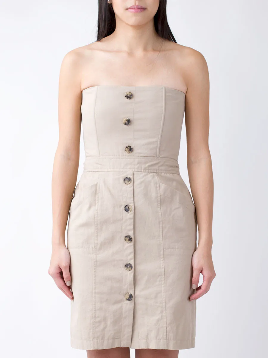 Button Placket Strapless Dress