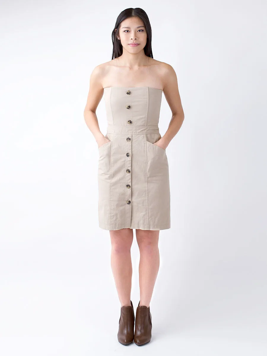 Button Placket Strapless Dress