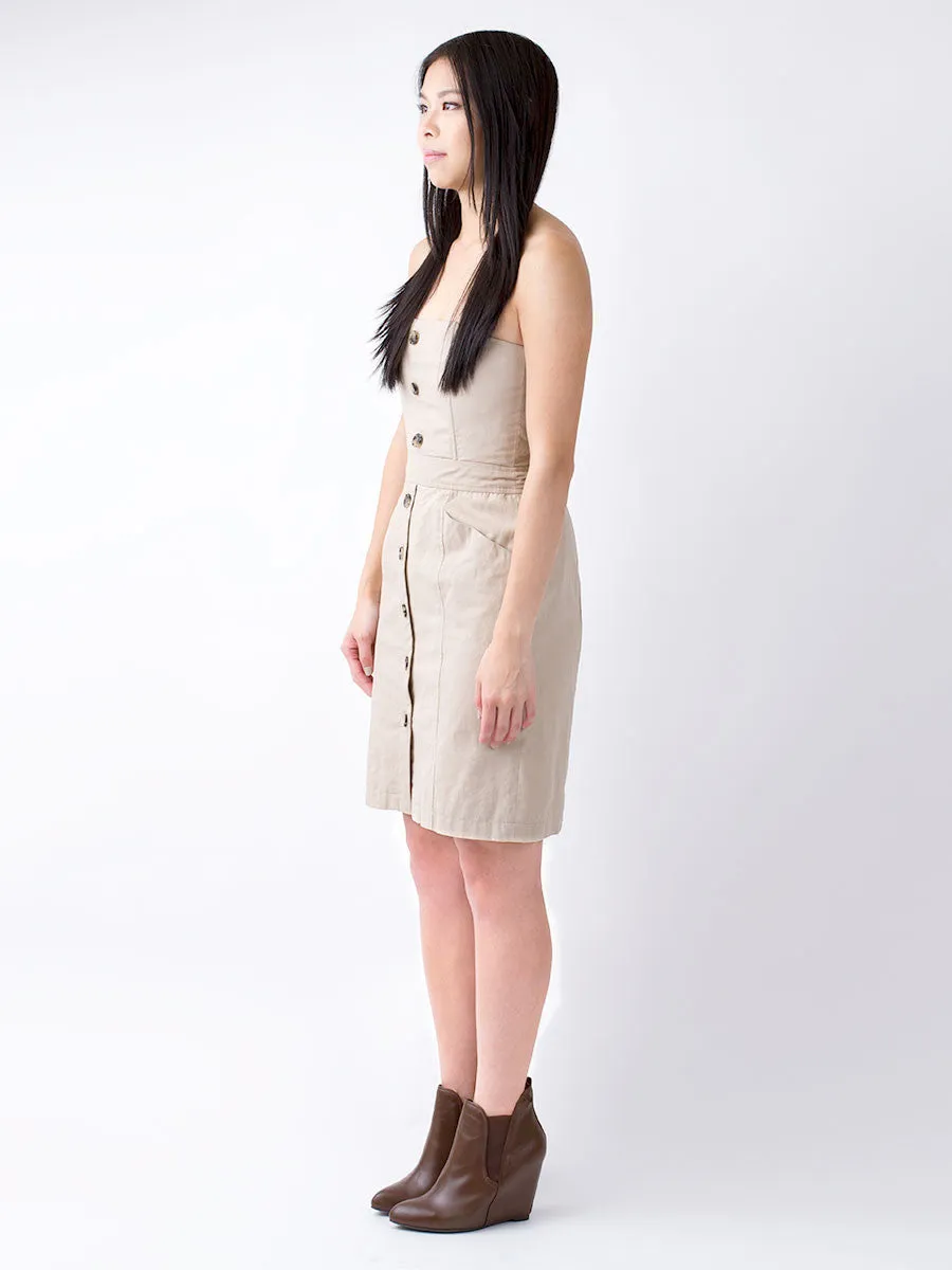 Button Placket Strapless Dress