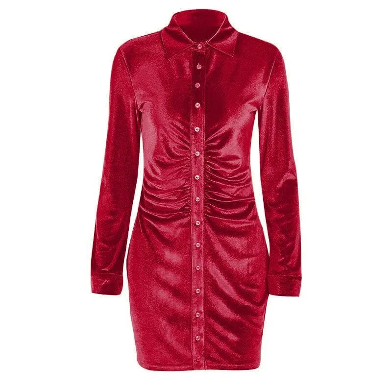 Button-through turnover collar ruched dress - Final Sale