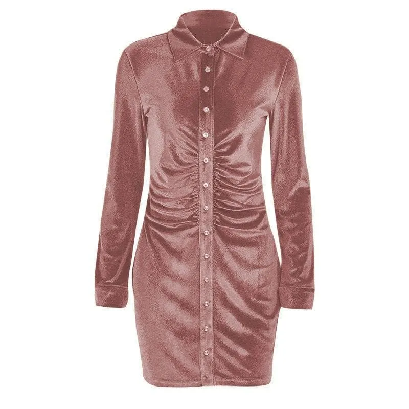 Button-through turnover collar ruched dress - Final Sale