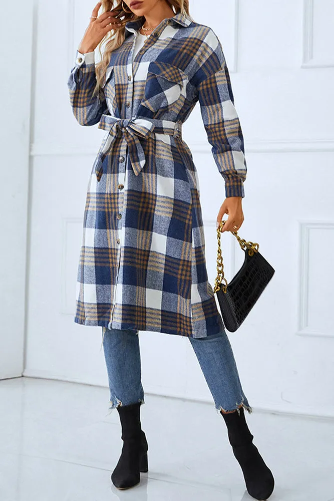 Button Up Tie Waist Plaid Long Winter Outfuts Coat
