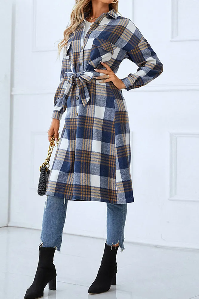 Button Up Tie Waist Plaid Long Winter Outfuts Coat