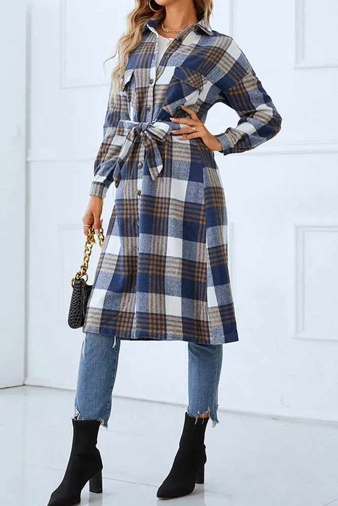 Button Up Tie Waist Plaid Long Winter Outfuts Coat