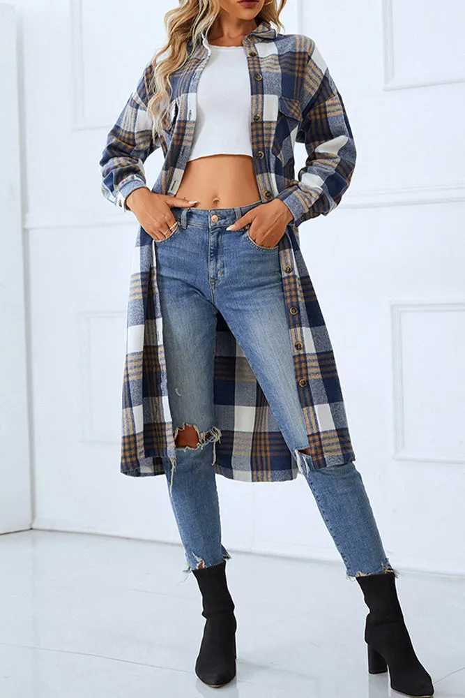 Button Up Tie Waist Plaid Long Winter Outfuts Coat
