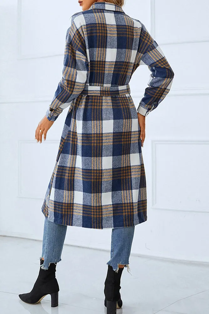Button Up Tie Waist Plaid Long Winter Outfuts Coat