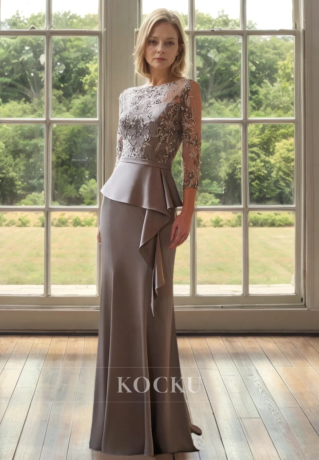 Chic & Modern Scoop Neck Long Sleeves Sheath Beads Satin Mother of Bride Dress with Appliques