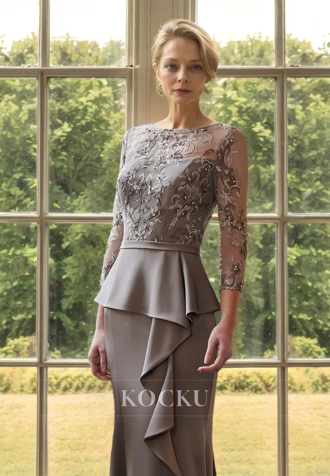 Chic & Modern Scoop Neck Long Sleeves Sheath Beads Satin Mother of Bride Dress with Appliques