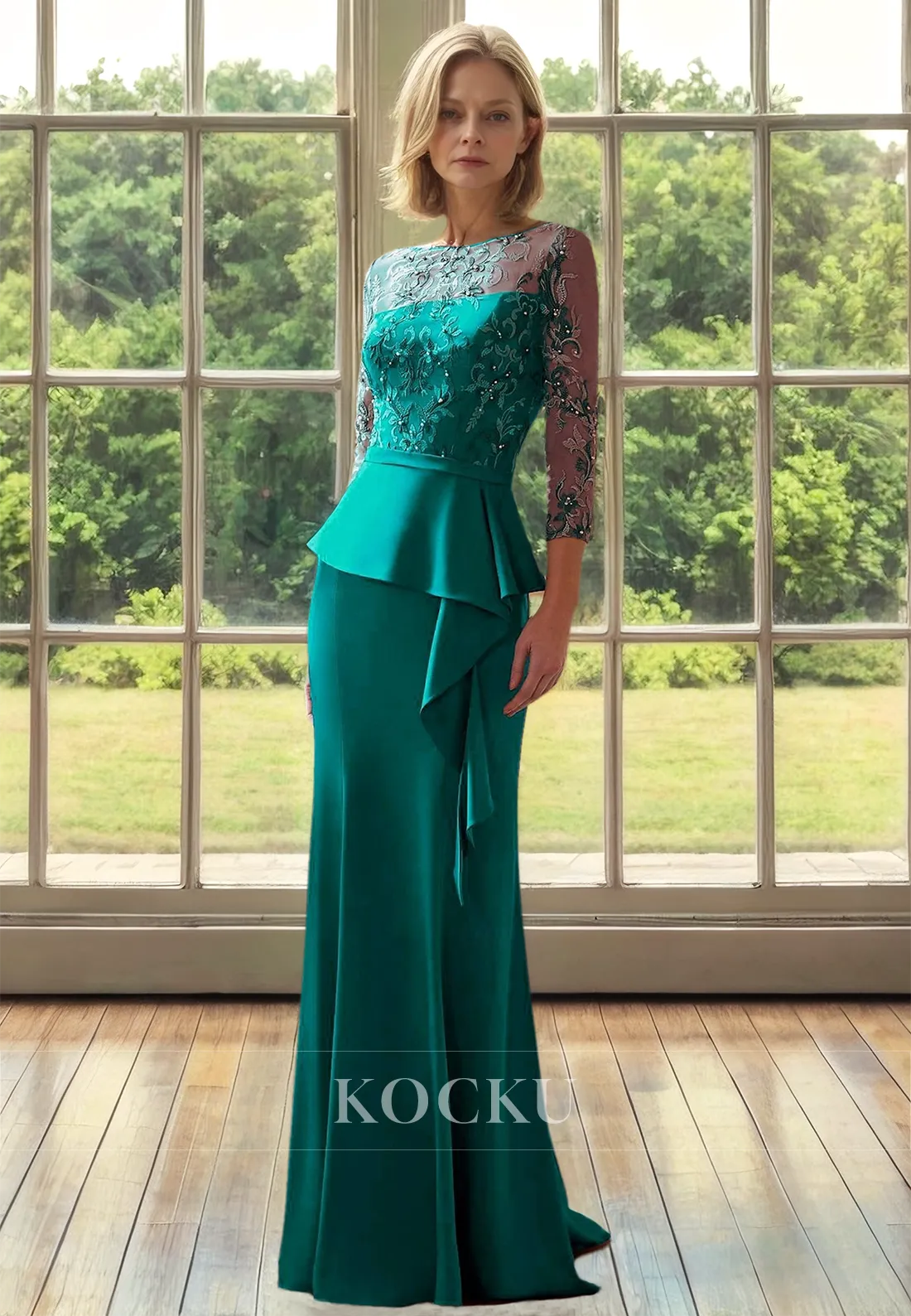 Chic & Modern Scoop Neck Long Sleeves Sheath Beads Satin Mother of Bride Dress with Appliques