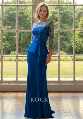 Chic & Modern Scoop Neck Long Sleeves Sheath Beads Satin Mother of Bride Dress with Appliques