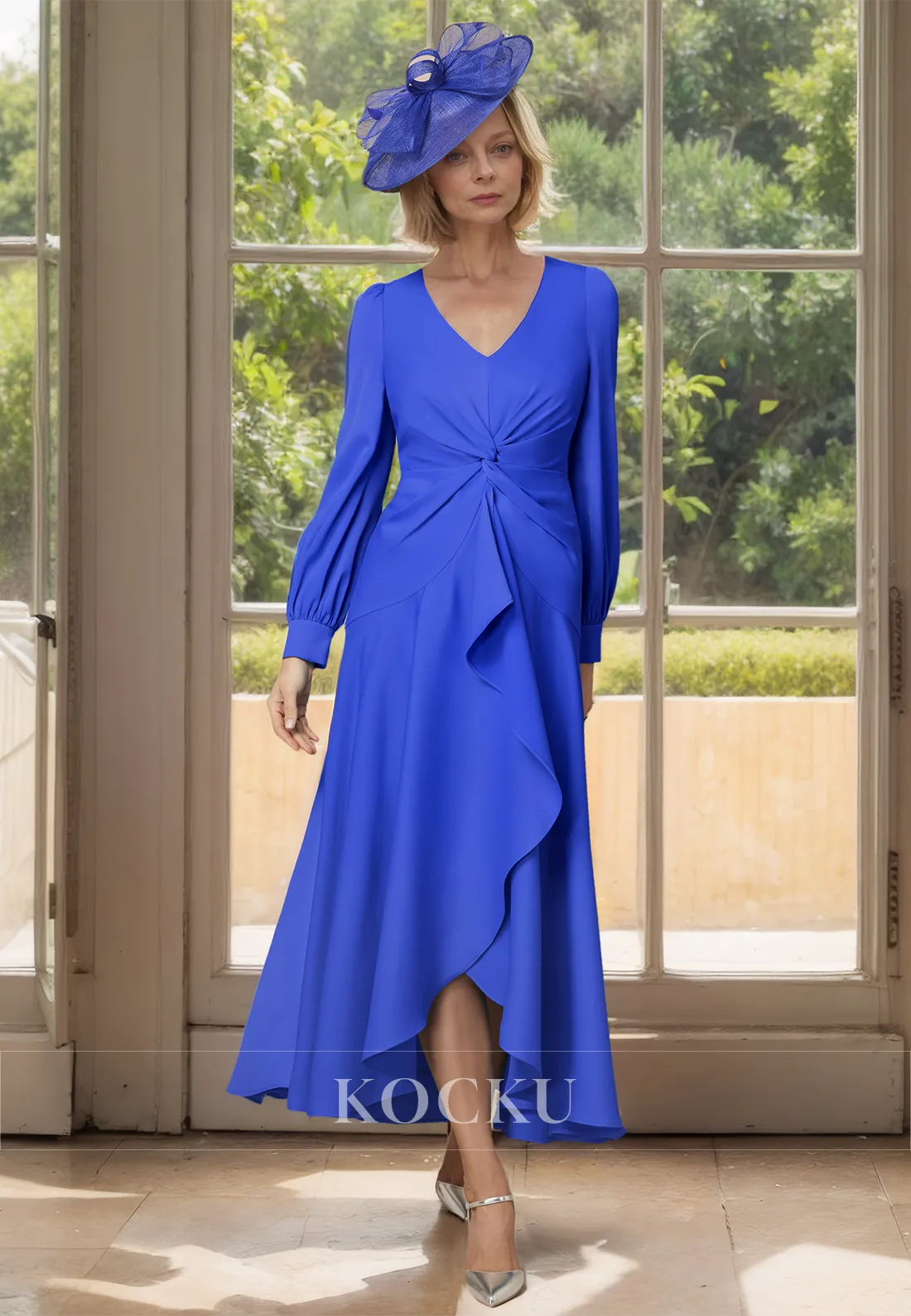 Chic&Modern A-Line V-Neck Long Sleeves Ruched Chiffon Cocktail Dress Mother of Groom