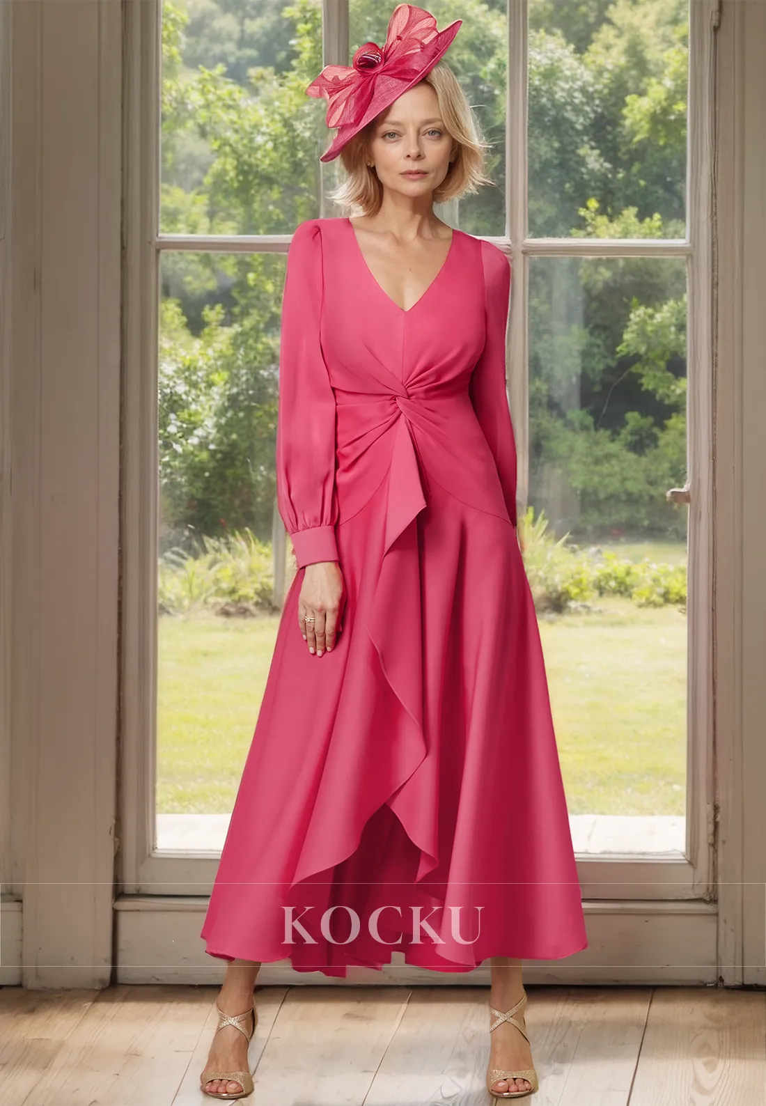 Chic&Modern A-Line V-Neck Long Sleeves Ruched Chiffon Cocktail Dress Mother of Groom