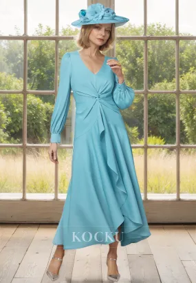 Chic&Modern A-Line V-Neck Long Sleeves Ruched Chiffon Cocktail Dress Mother of Groom