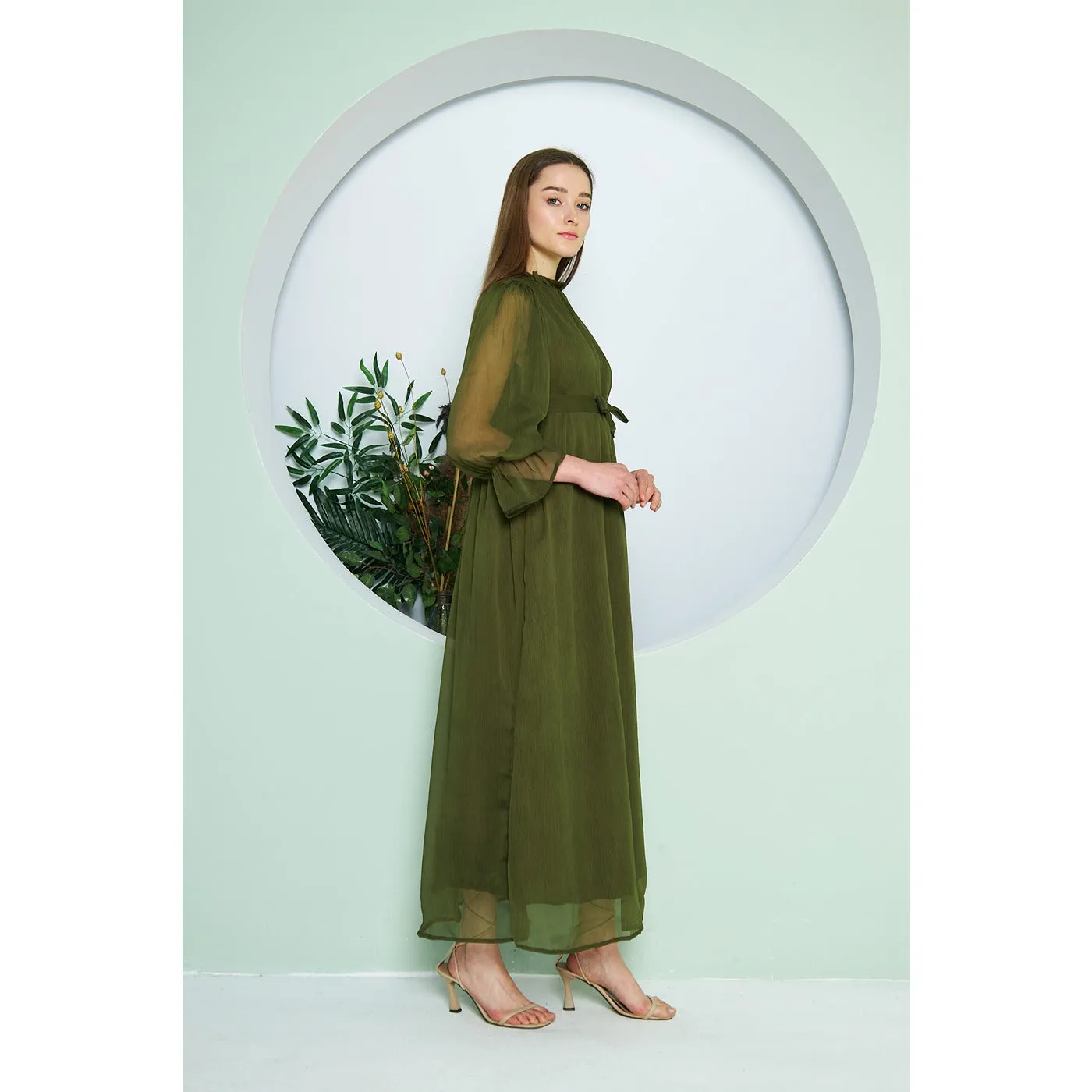 Chiffon Green Pleated Neck Dress