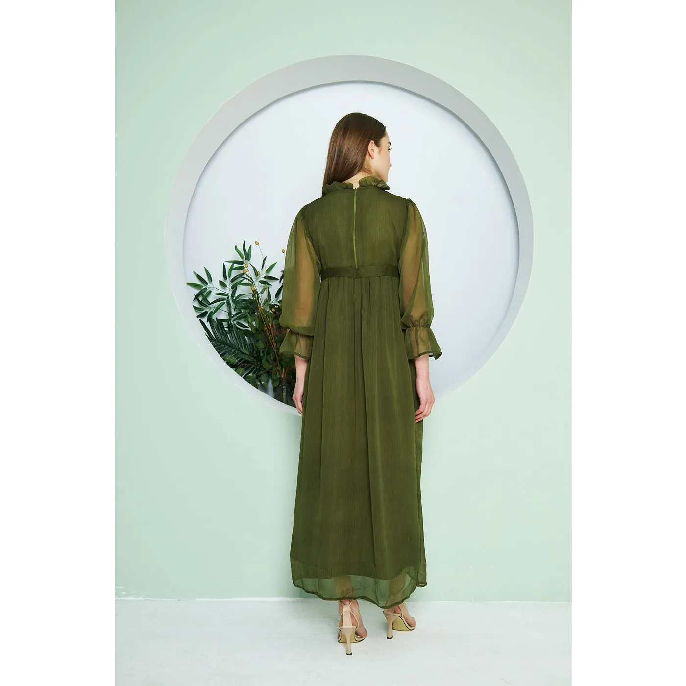 Chiffon Green Pleated Neck Dress