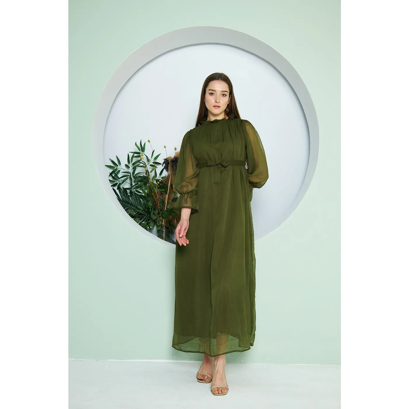 Chiffon Green Pleated Neck Dress