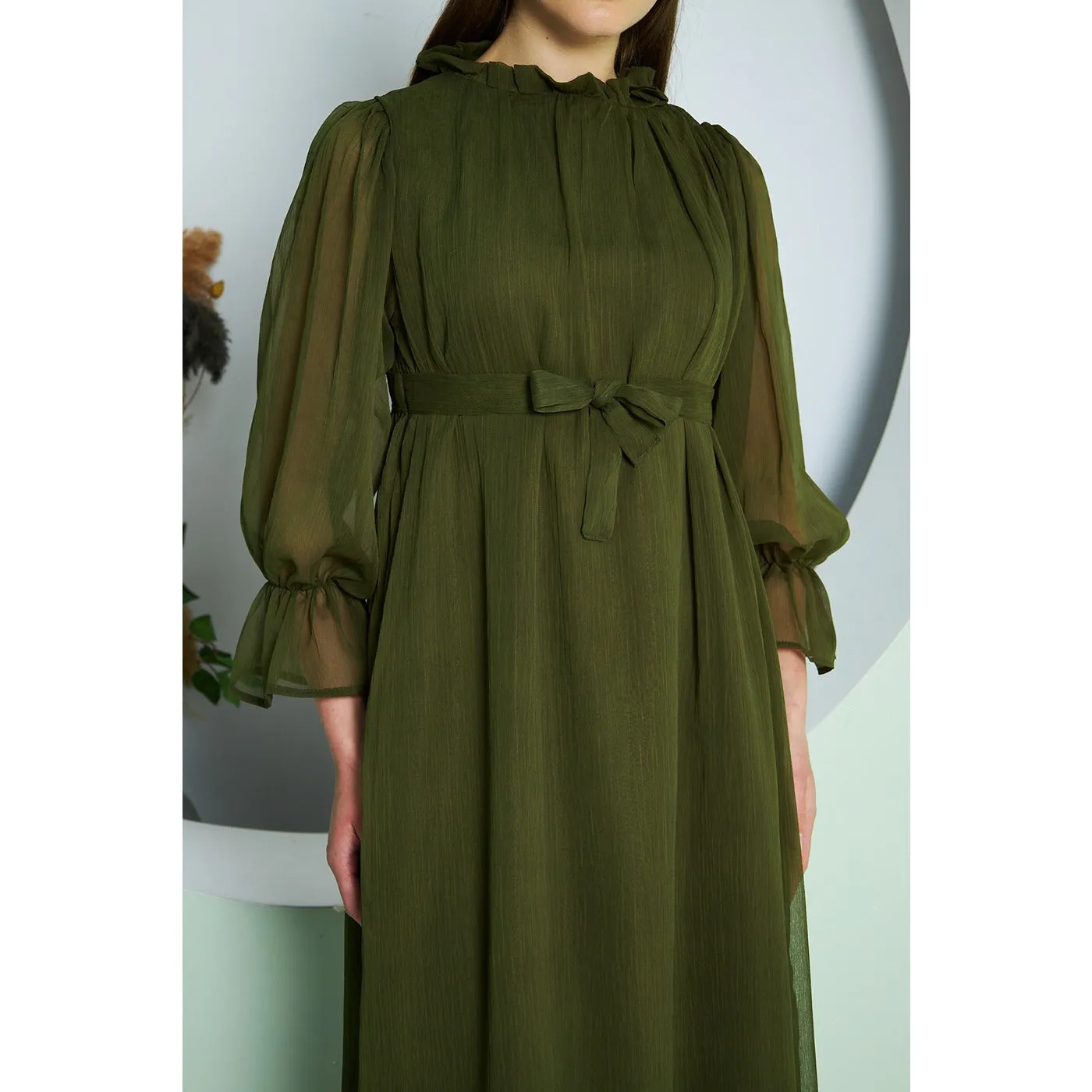 Chiffon Green Pleated Neck Dress