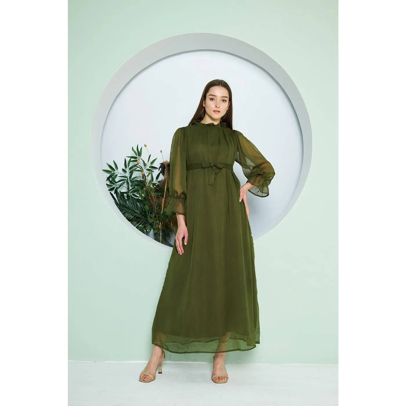 Chiffon Green Pleated Neck Dress