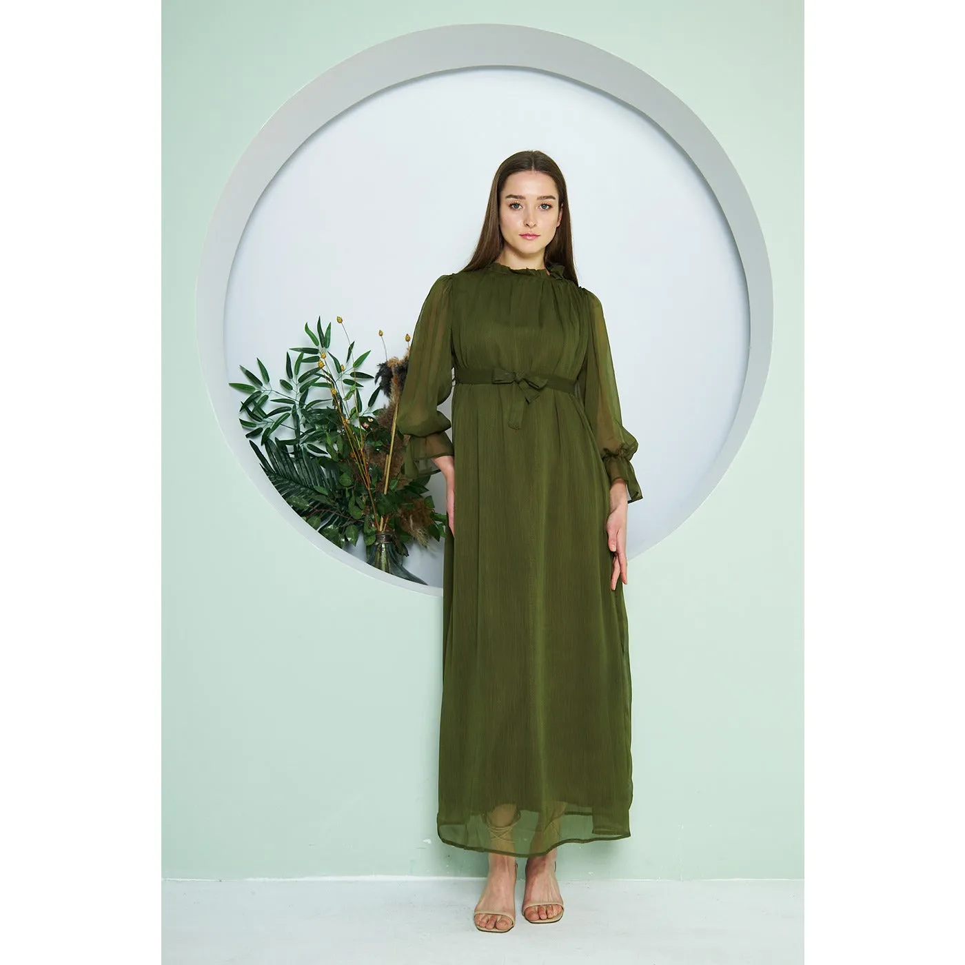 Chiffon Green Pleated Neck Dress