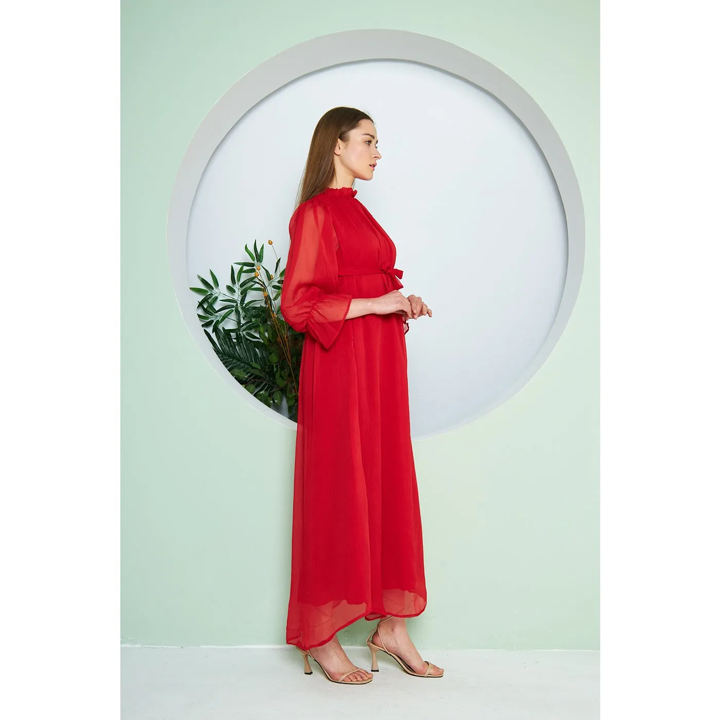Chiffon Red Pleated Neck Dress