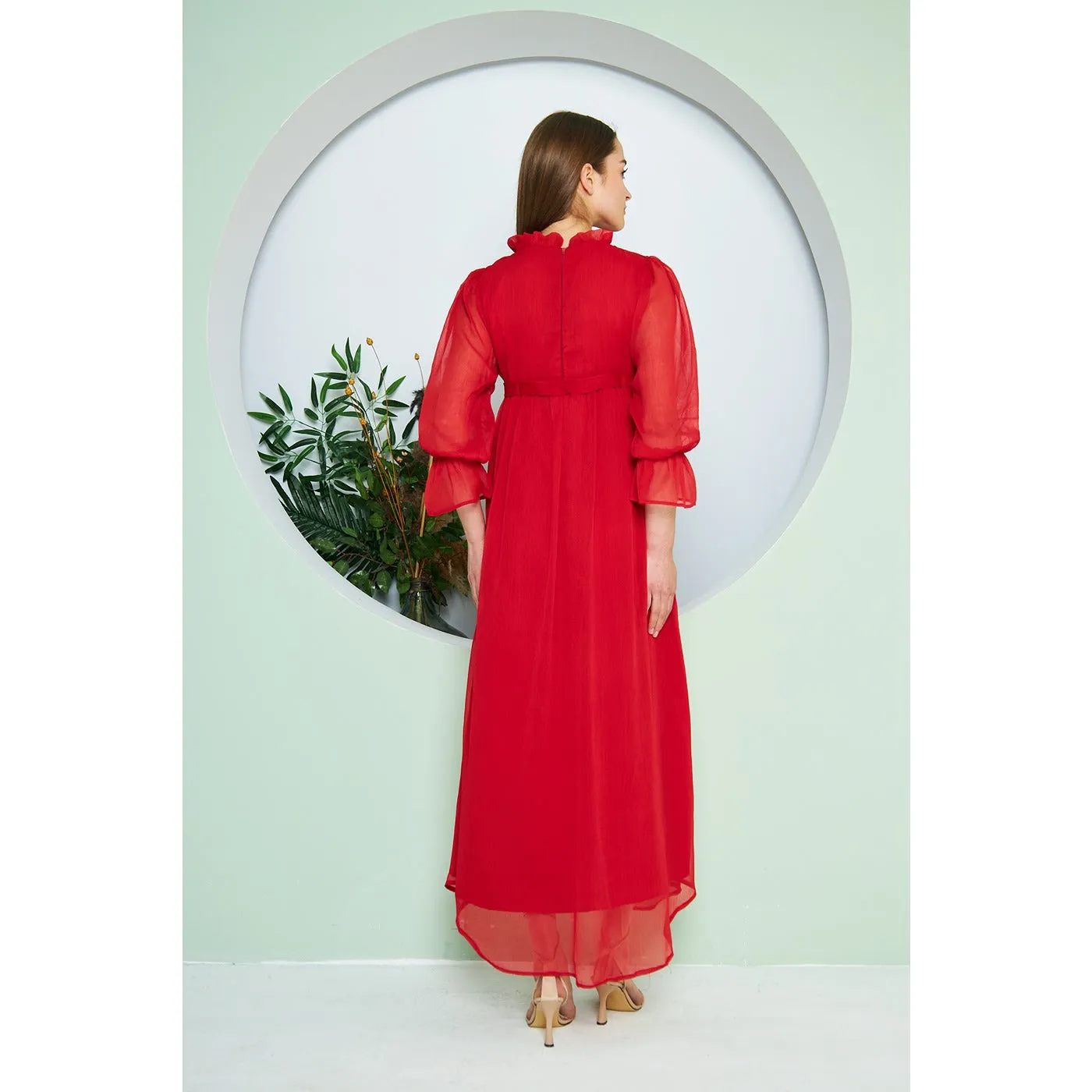 Chiffon Red Pleated Neck Dress