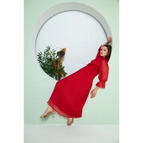 Chiffon Red Pleated Neck Dress