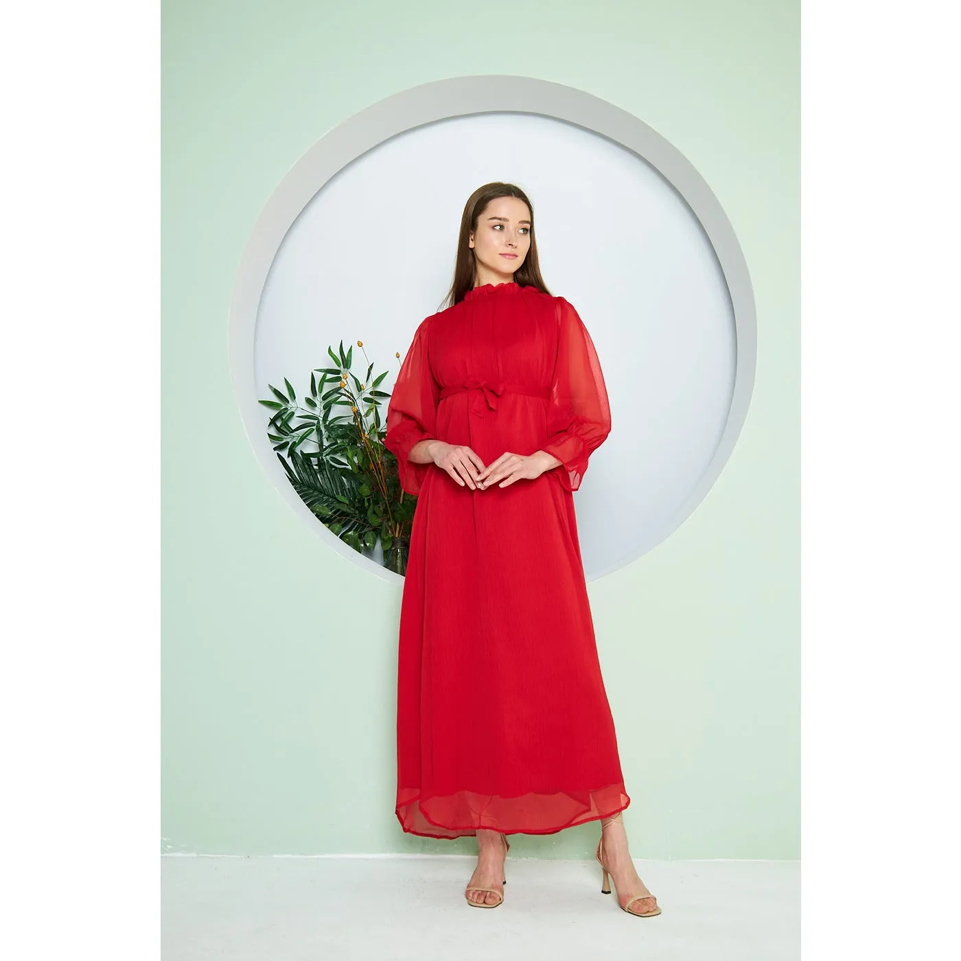 Chiffon Red Pleated Neck Dress